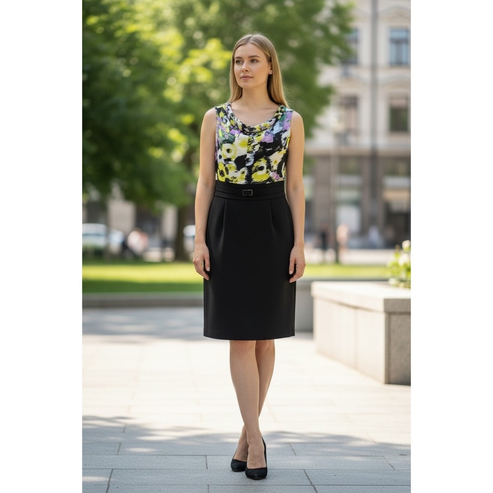 Tahari ASL Black and Yellow Floral‎ Midi Dress